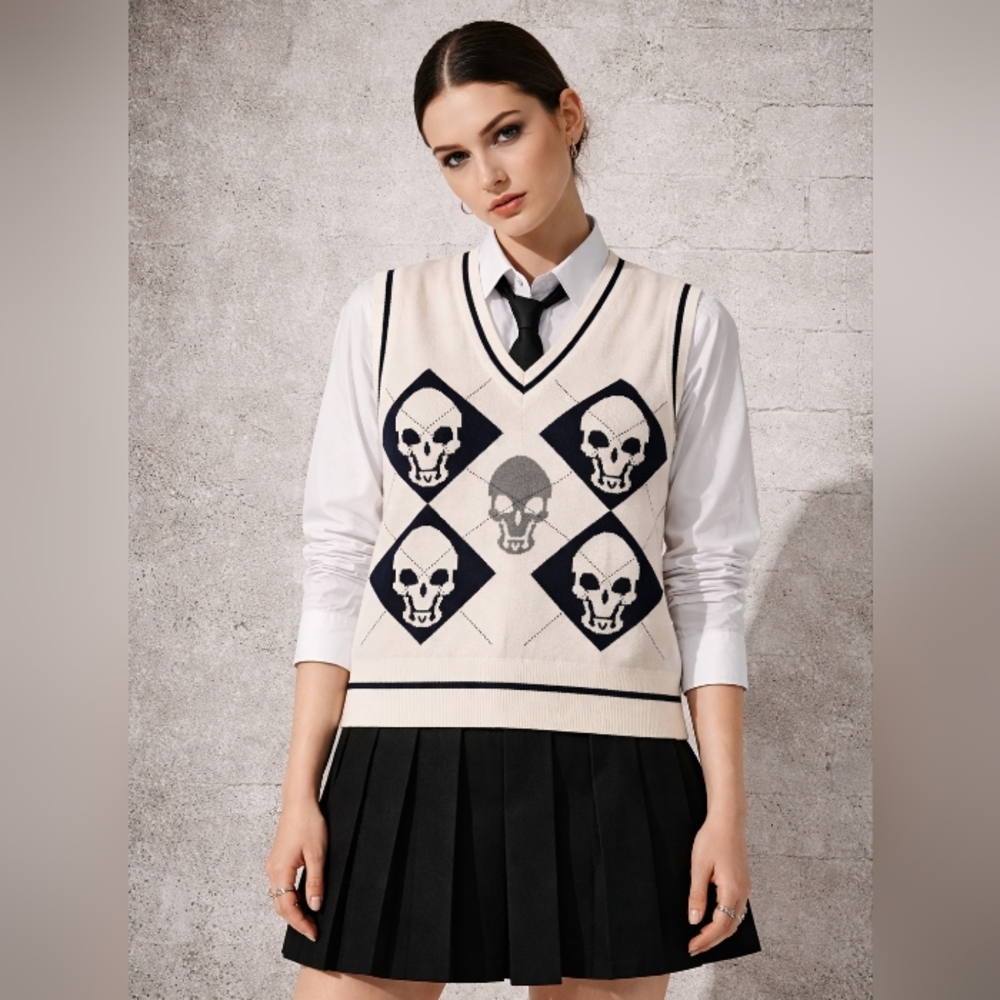 White Black And Gray Skull Argyle V-Neck Sweater Vest. Dark Academia.